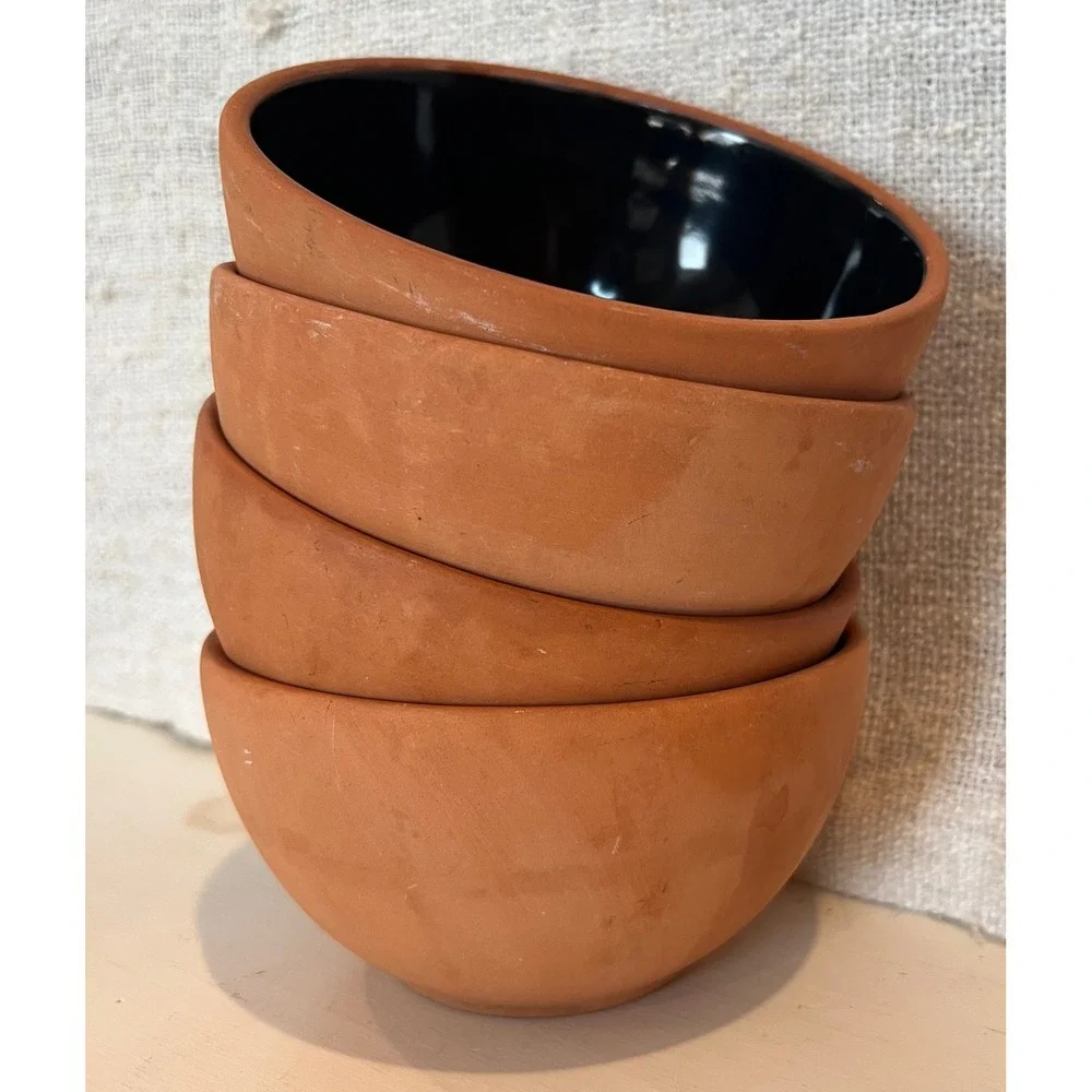 Set of 4 Romertopf Terra Rosa Reco Terracotta Bowls Black Glazed Interior Mexico